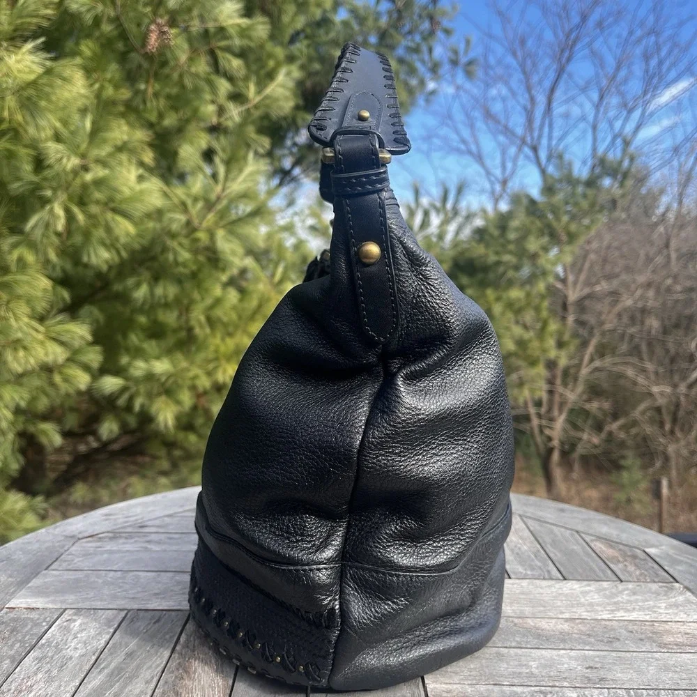 Calvin Klein Hobo Shoulder Bag Black Pebbled Leather Studded Tassel Accent Purse